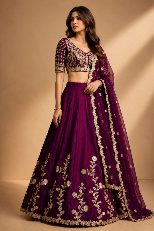 Ishaa Wine Silk Floral Zari Embroidered Ready to Wear Lehenga Saree