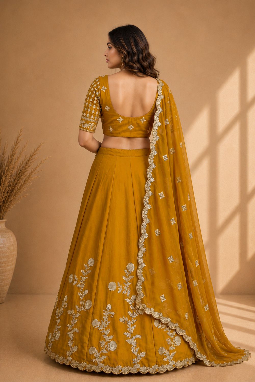 Ishaa Yellow Silk Floral Zari Embroidered Ready to Wear Lehenga Saree