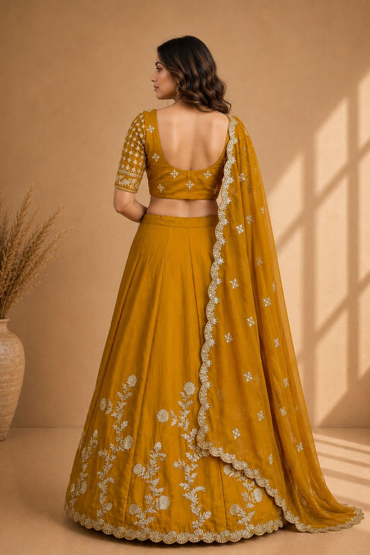 Ishaa Yellow Silk Floral Zari Embroidered Ready to Wear Lehenga Saree