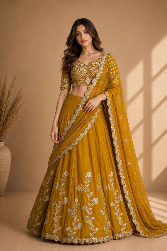 Ishaa Yellow Silk Floral Zari Embroidered Ready to Wear Lehenga Saree