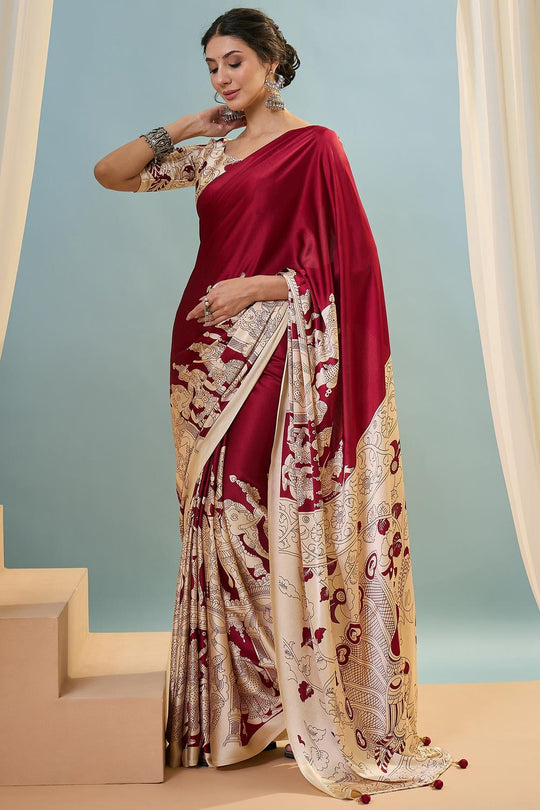 Esra Red Modal Floral Printed Ready to Wear One Minute Saree