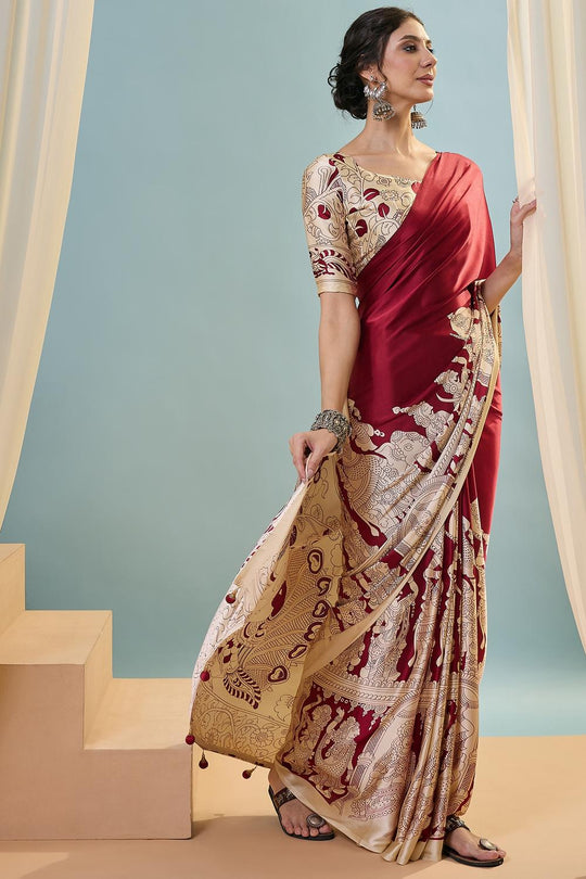 Esra Red Modal Floral Printed Ready to Wear One Minute Saree