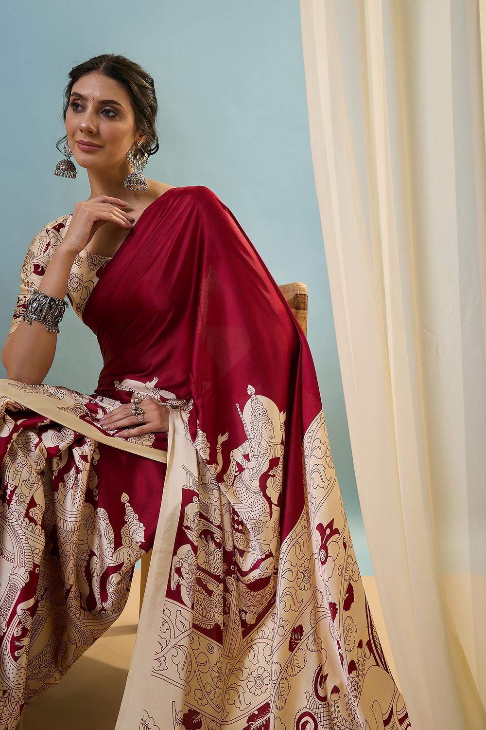 Esra Red Modal Floral Printed Ready to Wear One Minute Saree