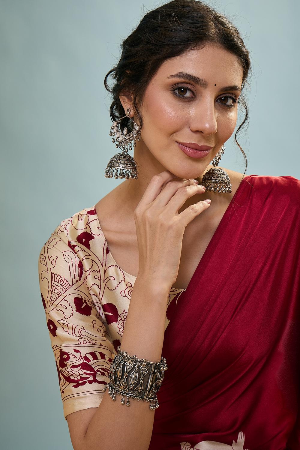 Esra Red Modal Floral Printed Ready to Wear One Minute Saree