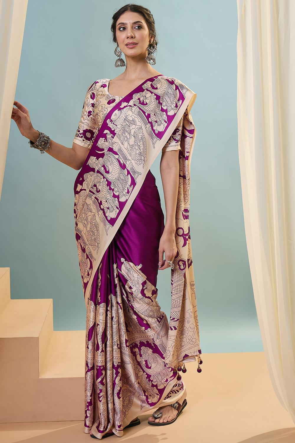 Esra Purple Modal Floral Printed Ready to Wear One Minute Saree
