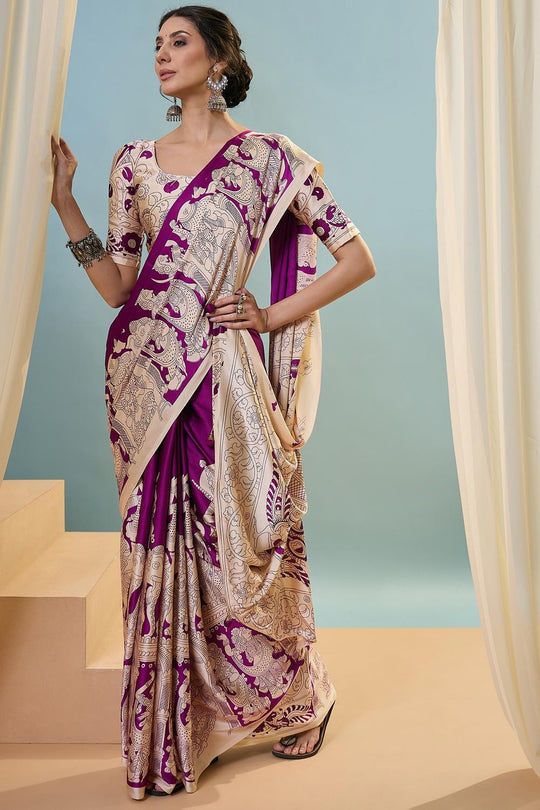 Esra Purple Modal Floral Printed Ready to Wear One Minute Saree