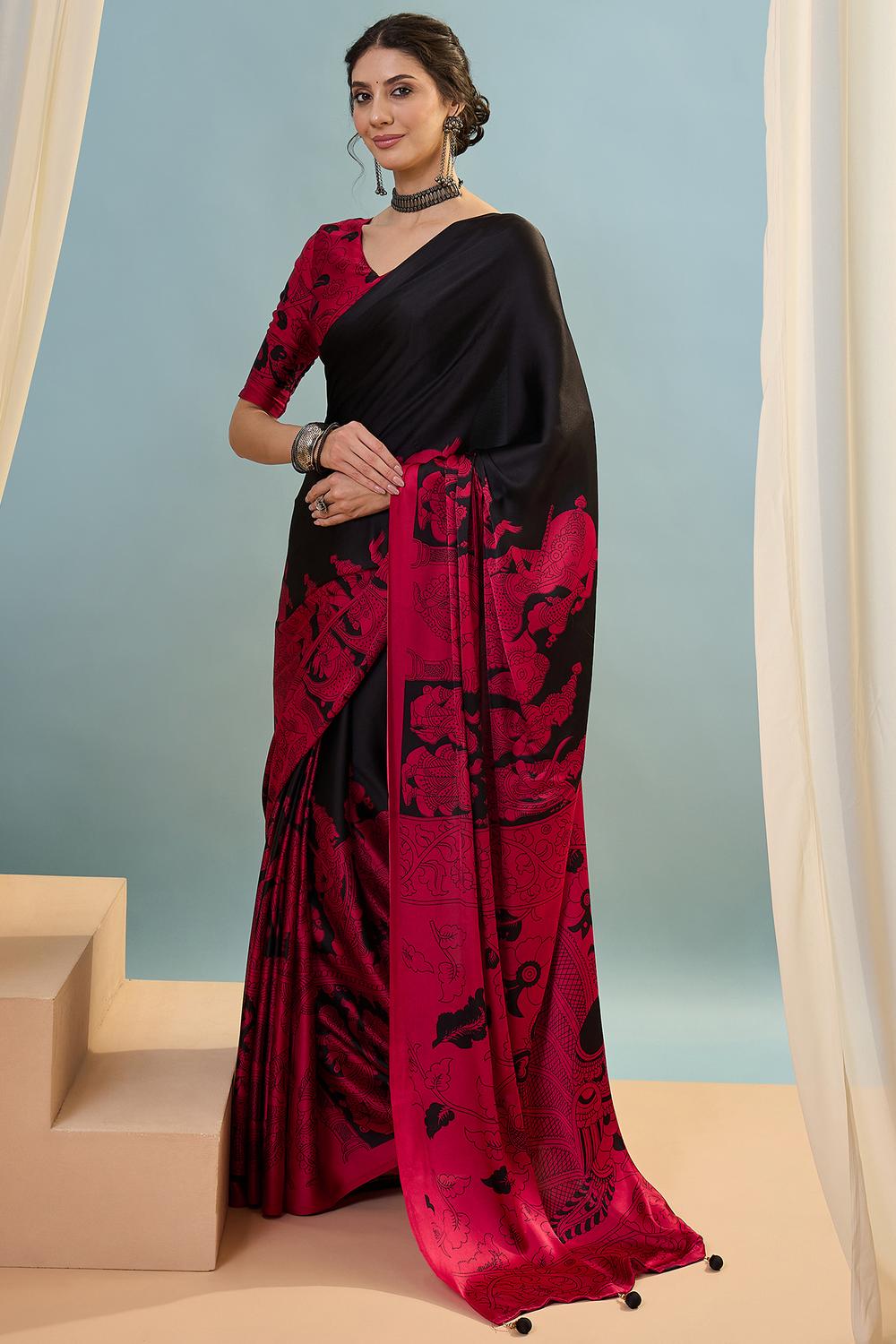 Esra Black Modal Floral Printed Ready to Wear One Minute Saree