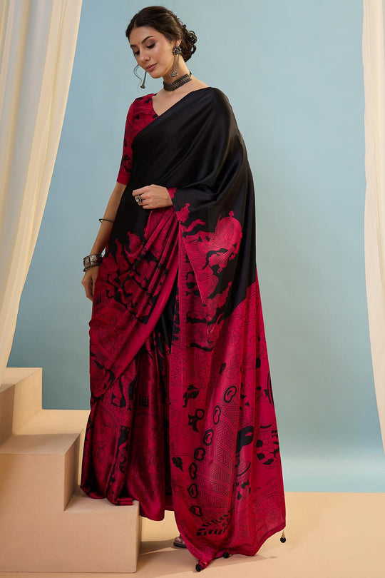 Esra Black Modal Floral Printed Ready to Wear One Minute Saree