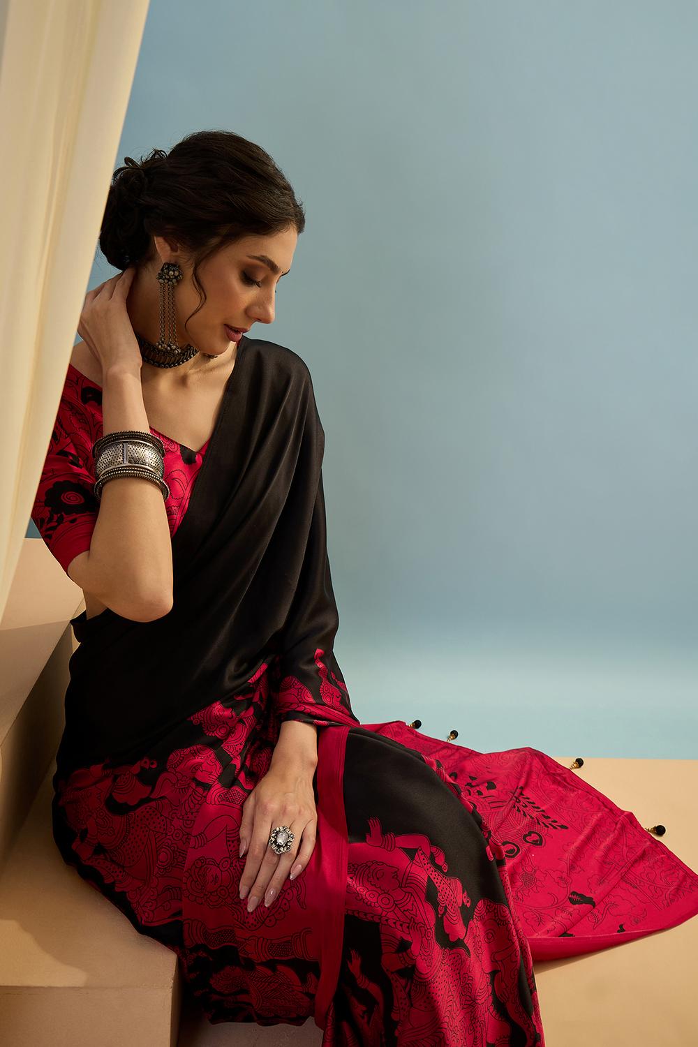 Esra Black Modal Floral Printed Ready to Wear One Minute Saree