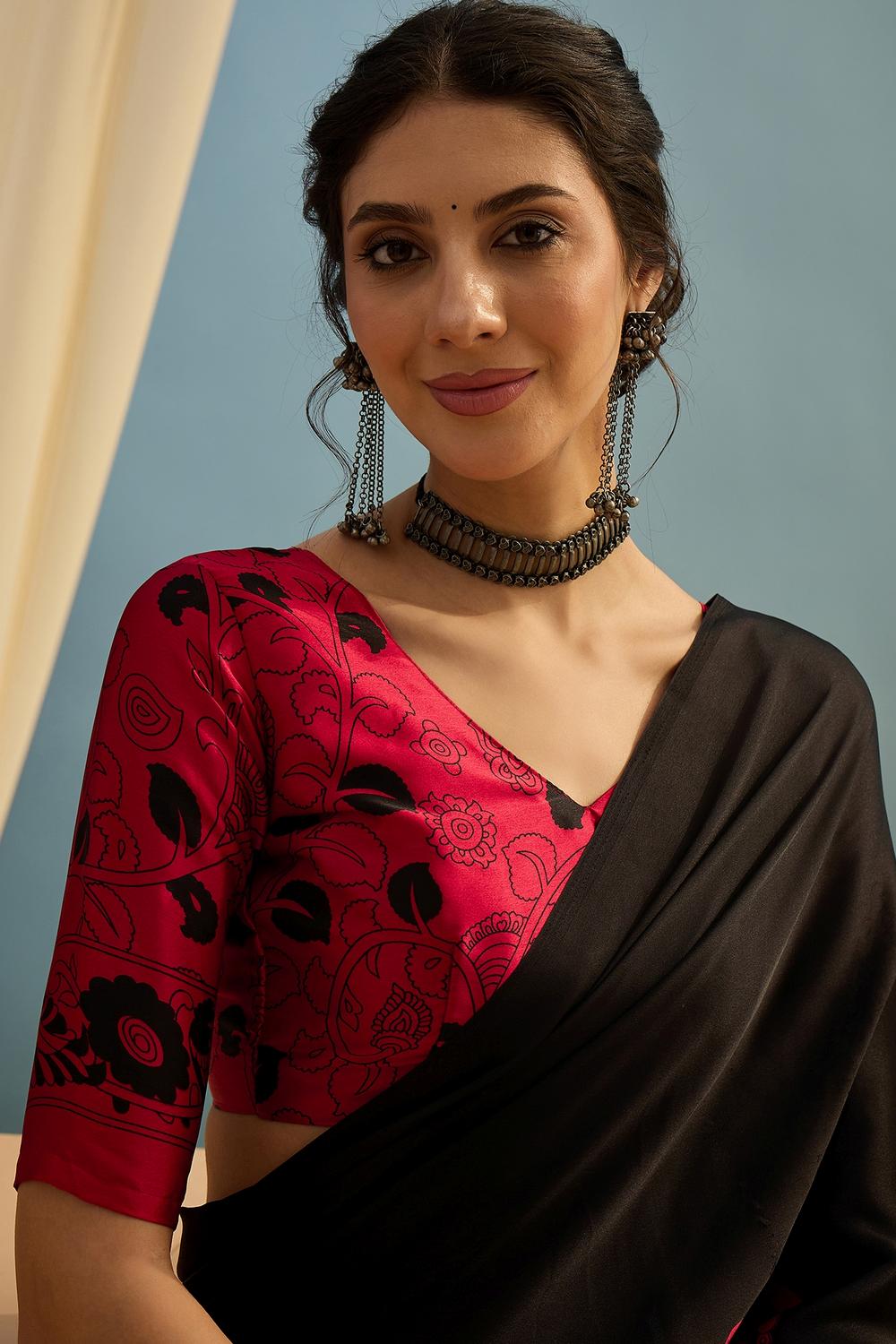 Esra Black Modal Floral Printed Ready to Wear One Minute Saree
