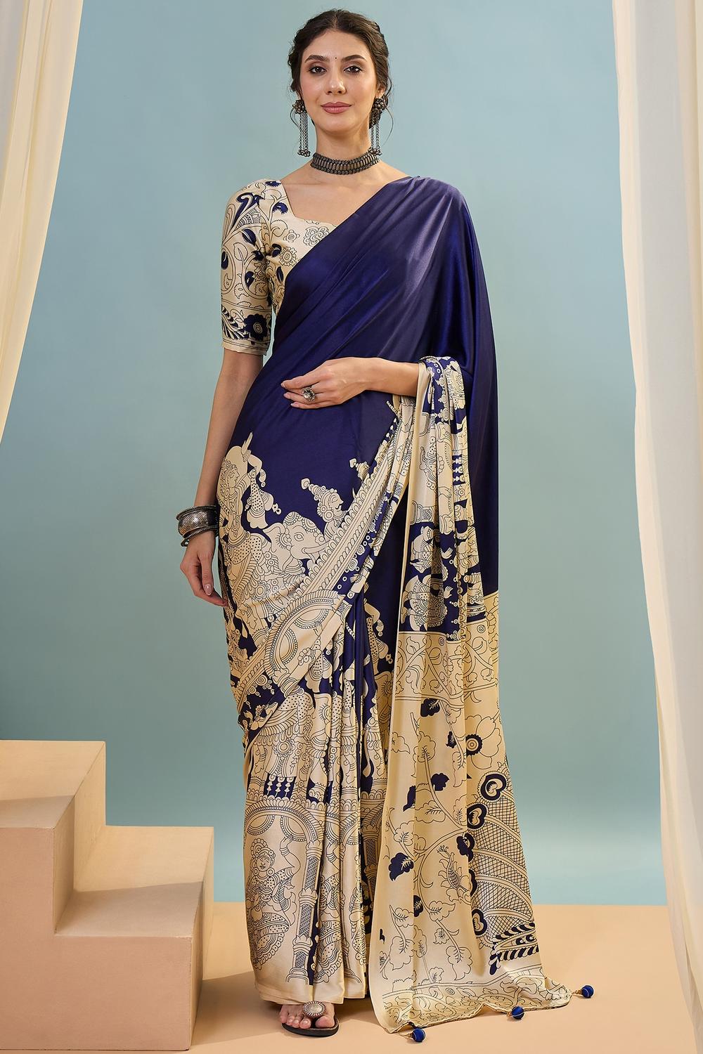 Esra Blue Modal Floral Printed Ready to Wear One Minute Saree