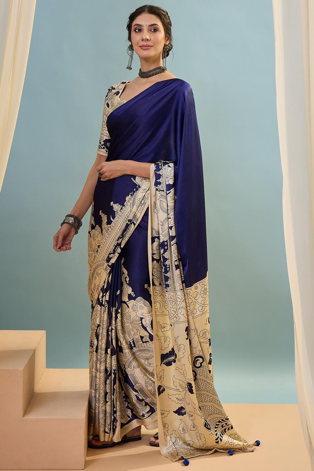 Esra Blue Modal Floral Printed Ready to Wear One Minute Saree