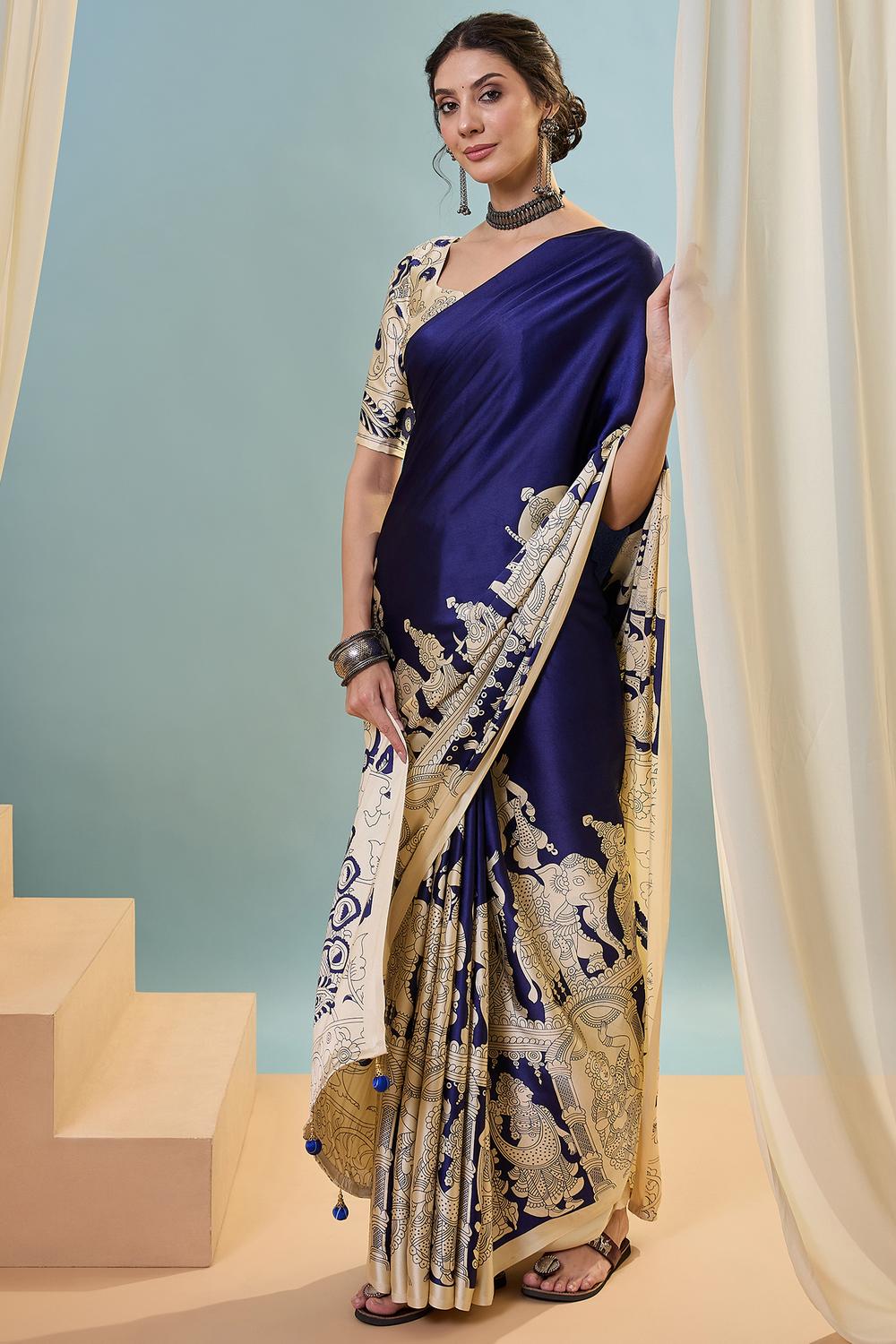 Esra Blue Modal Floral Printed Ready to Wear One Minute Saree