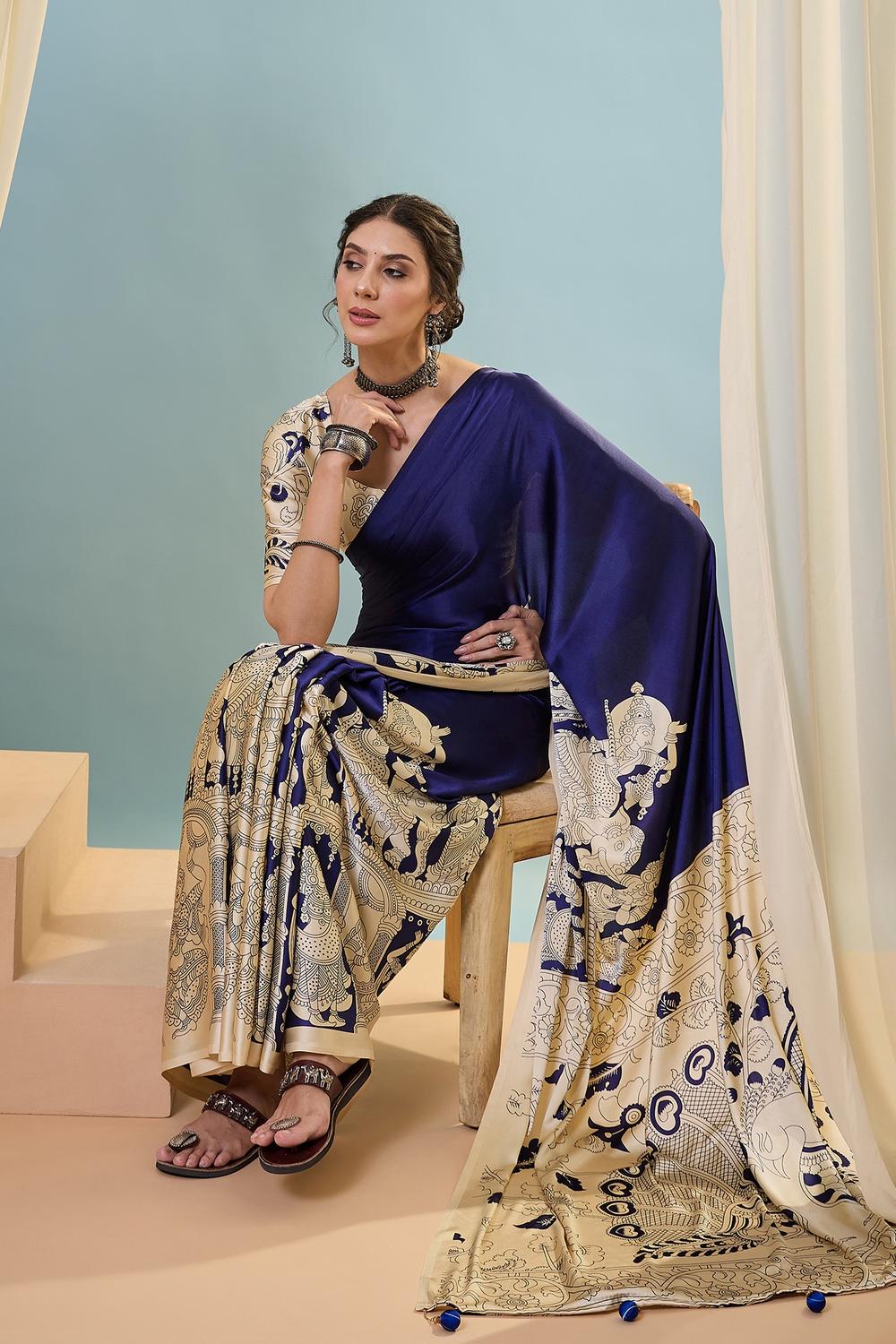 Esra Blue Modal Floral Printed Ready to Wear One Minute Saree