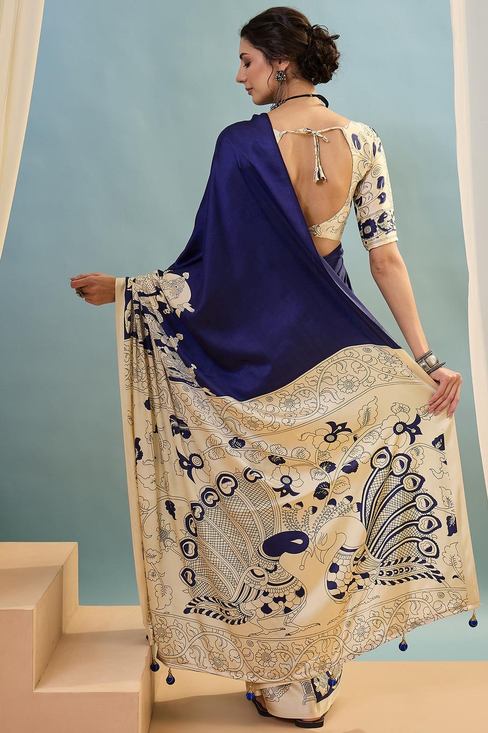Esra Blue Modal Floral Printed Ready to Wear One Minute Saree