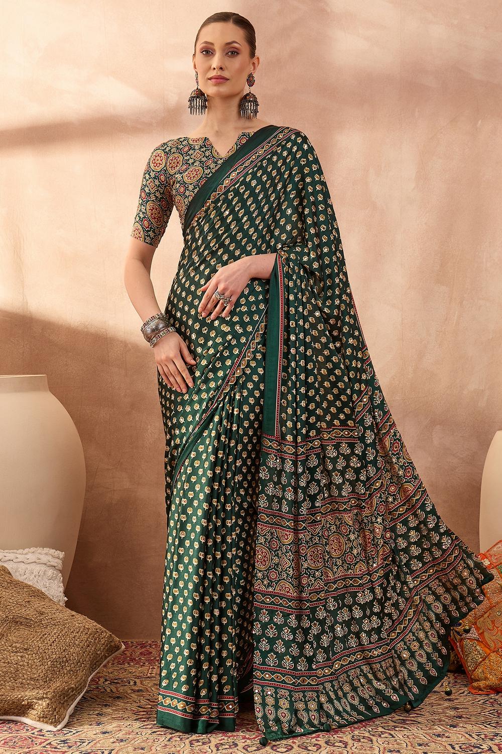 Amina Green Modal Mirror Sequin with Ajrakh Printed Ready to Wear One Minute Saree