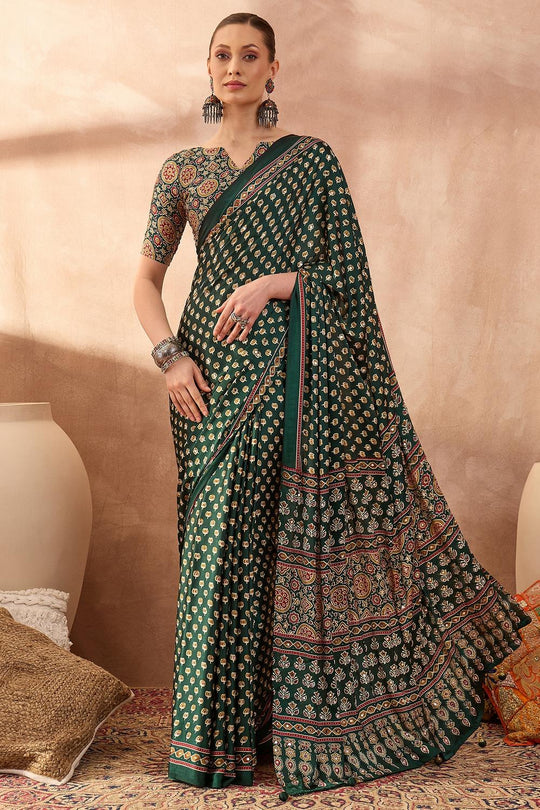 Amina Green Modal Mirror Sequin with Ajrakh Printed Ready to Wear One Minute Saree
