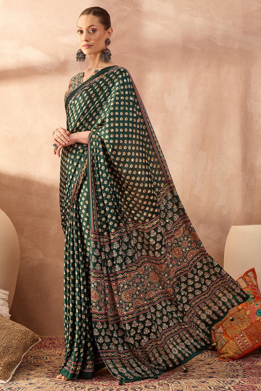 Amina Green Modal Mirror Sequin with Ajrakh Printed Ready to Wear One Minute Saree