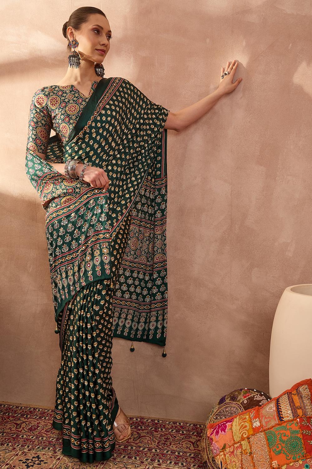 Amina Green Modal Mirror Sequin with Ajrakh Printed Ready to Wear One Minute Saree