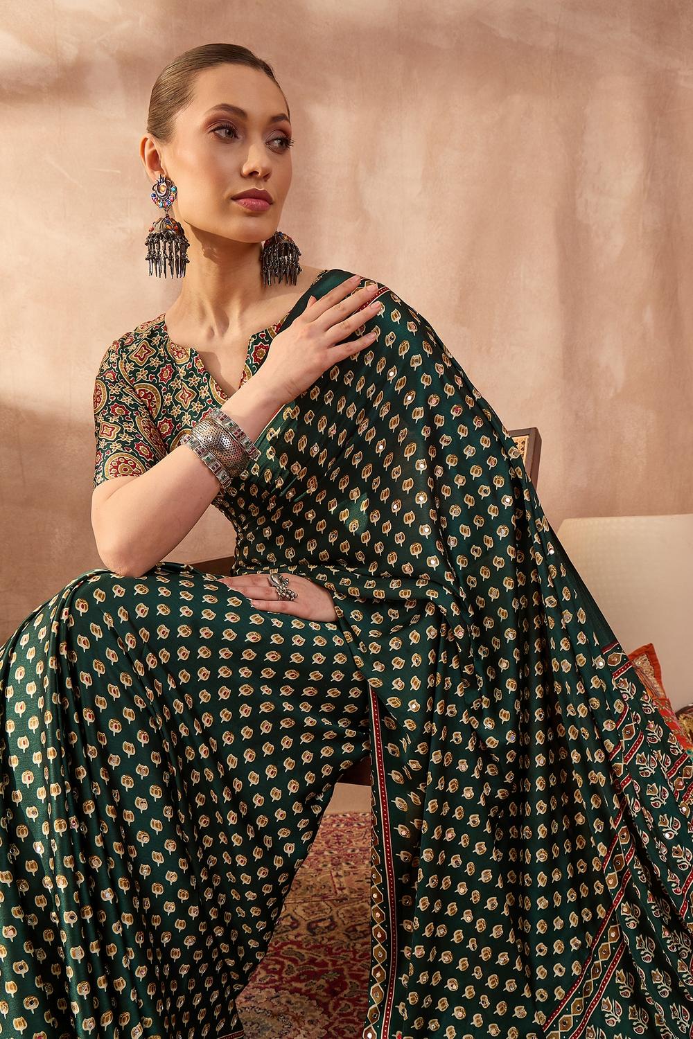 Amina Green Modal Mirror Sequin with Ajrakh Printed Ready to Wear One Minute Saree