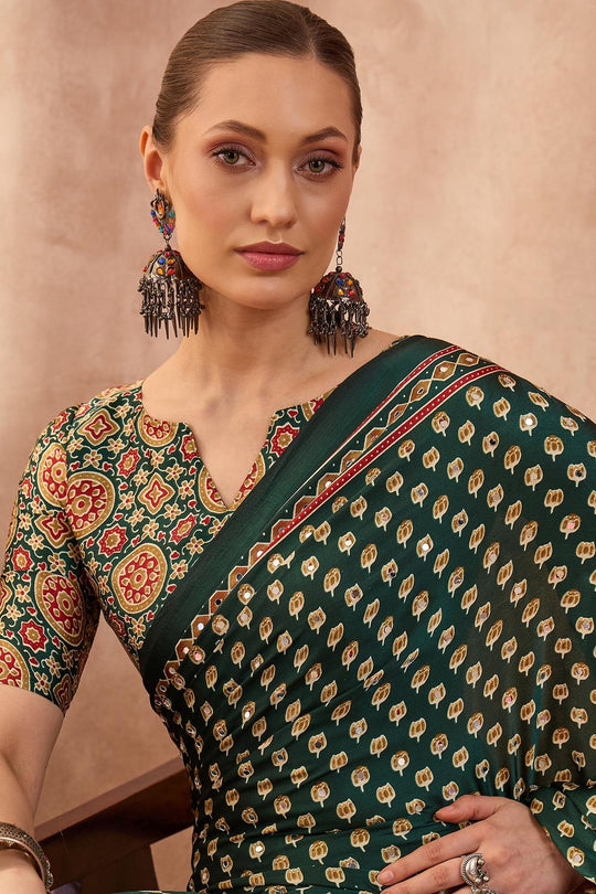 Amina Green Modal Mirror Sequin with Ajrakh Printed Ready to Wear One Minute Saree