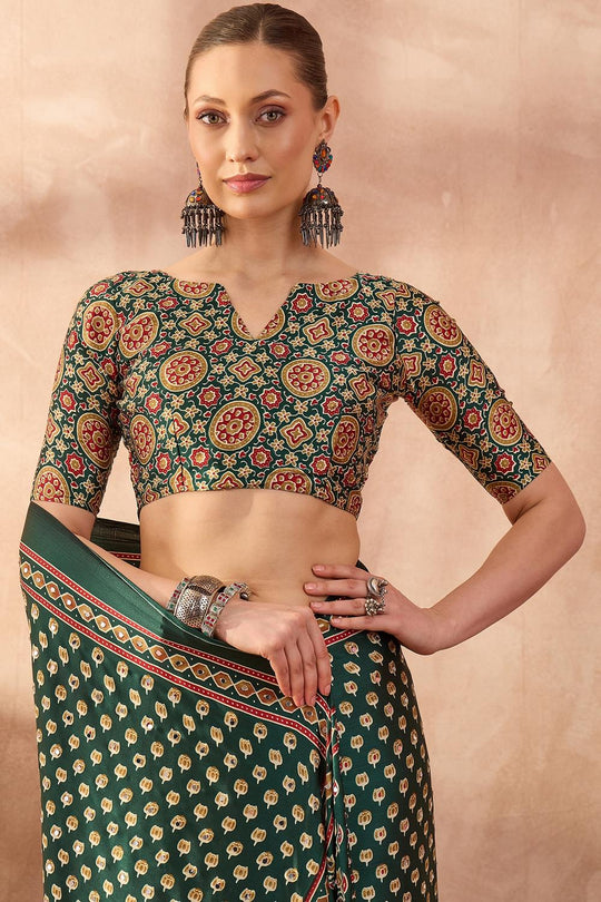 Amina Green Modal Mirror Sequin with Ajrakh Printed Ready to Wear One Minute Saree