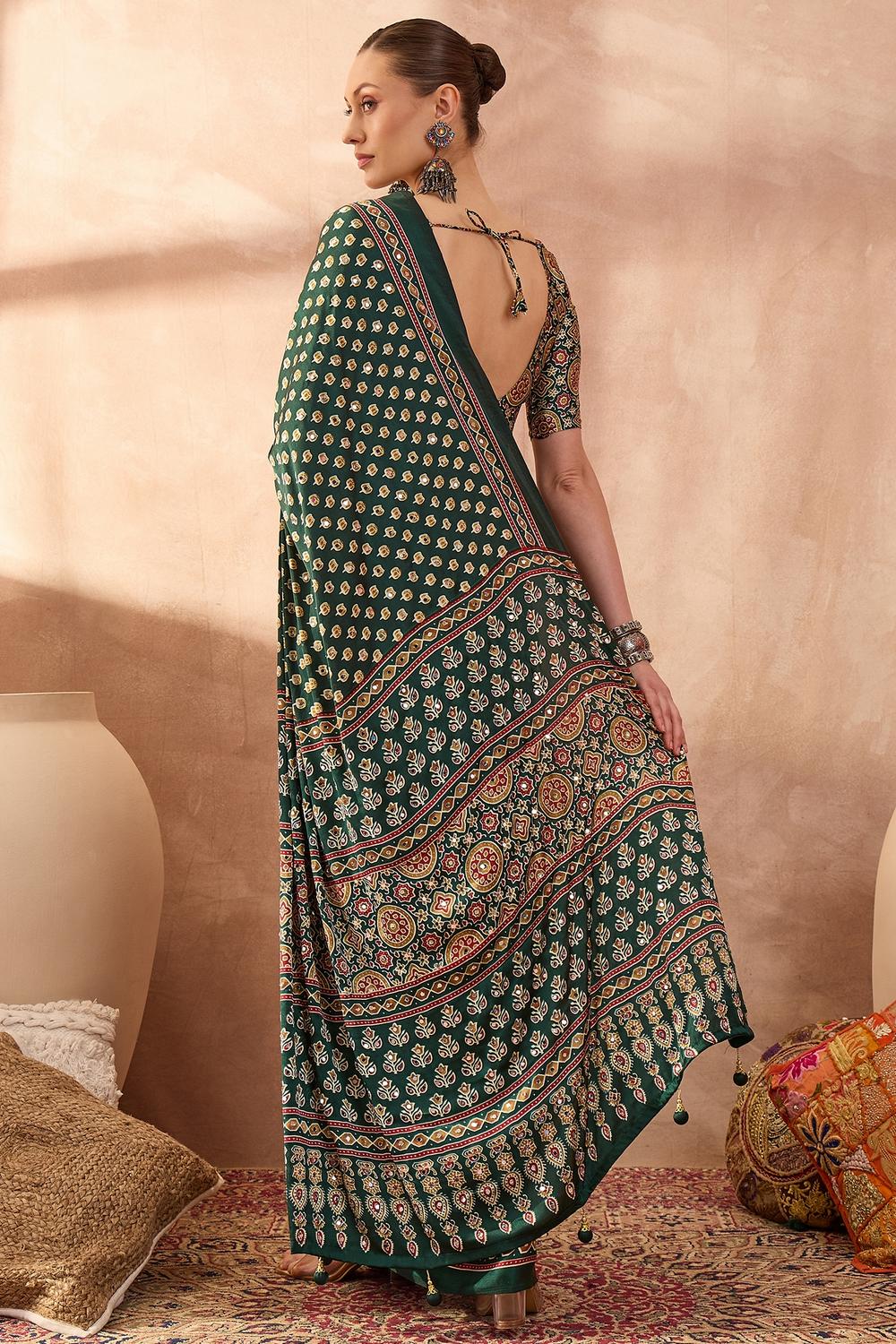 Amina Green Modal Mirror Sequin with Ajrakh Printed Ready to Wear One Minute Saree