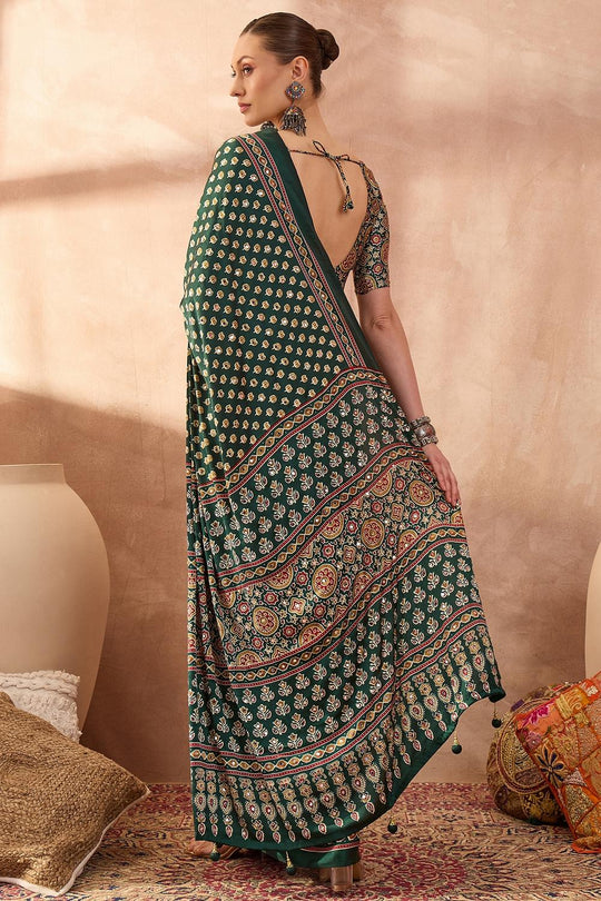Amina Green Modal Mirror Sequin with Ajrakh Printed Ready to Wear One Minute Saree