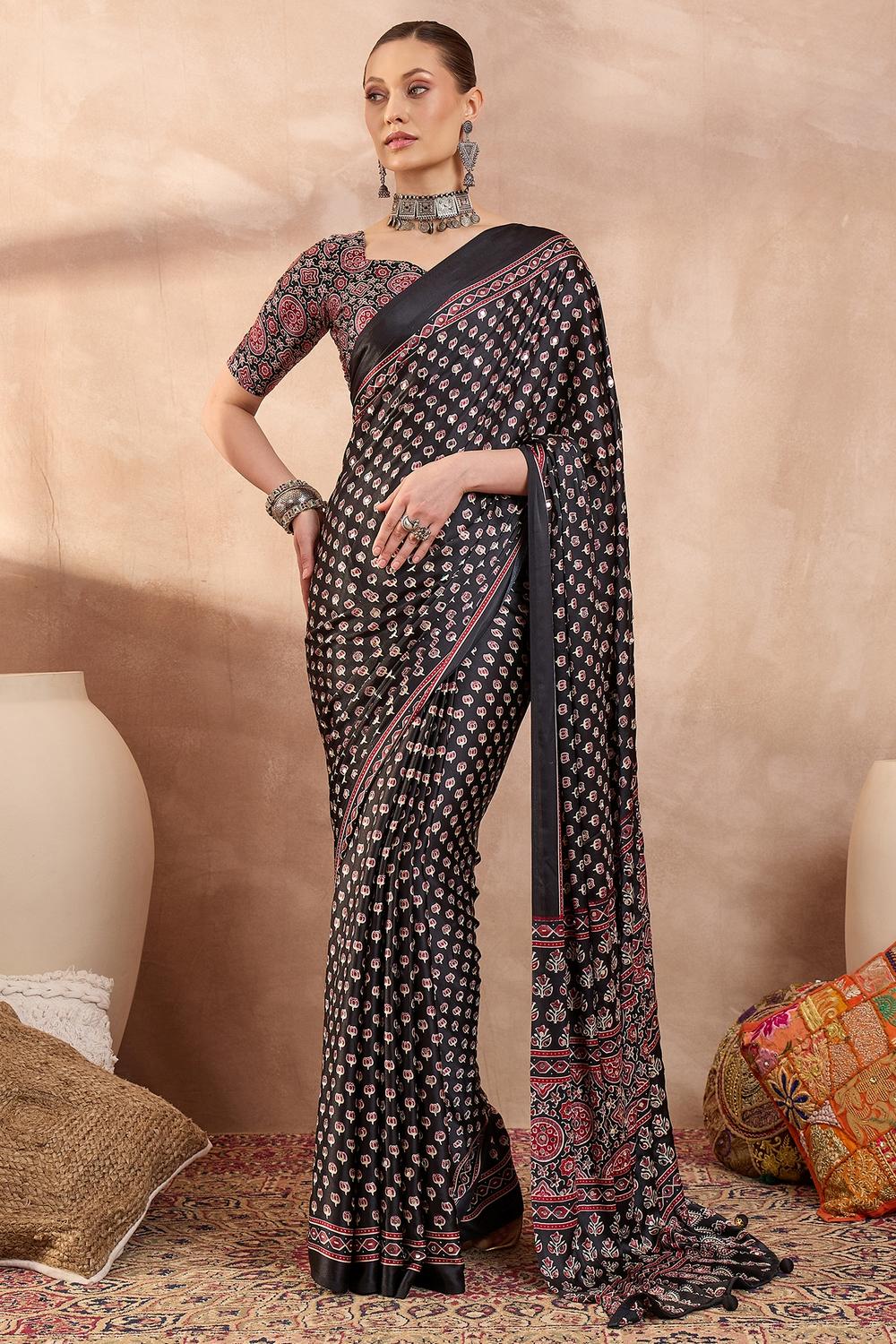 Amina Black Modal Ajrakh Printed Mirror Work Sequin Ready to Wear Saree