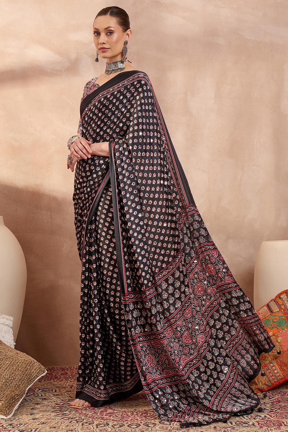 Amina Black Modal Ajrakh Printed Mirror Work Sequin Ready to Wear Saree