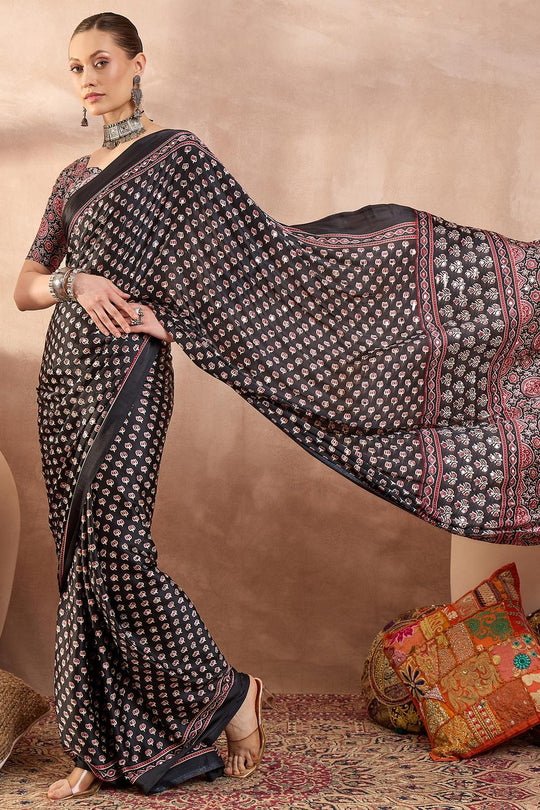 Amina Black Modal Ajrakh Printed Mirror Work Sequin Ready to Wear Saree
