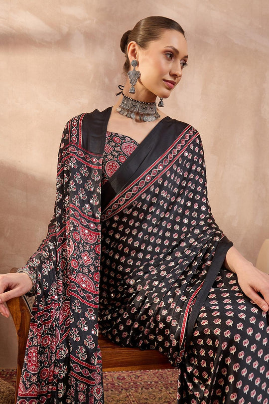 Amina Black Modal Ajrakh Printed Mirror Work Sequin Ready to Wear Saree