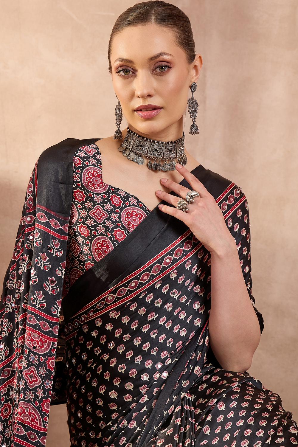 Amina Black Modal Ajrakh Printed Mirror Work Sequin Ready to Wear Saree