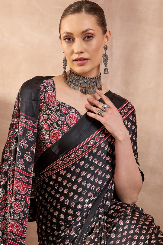Amina Black Modal Ajrakh Printed Mirror Work Sequin Ready to Wear Saree