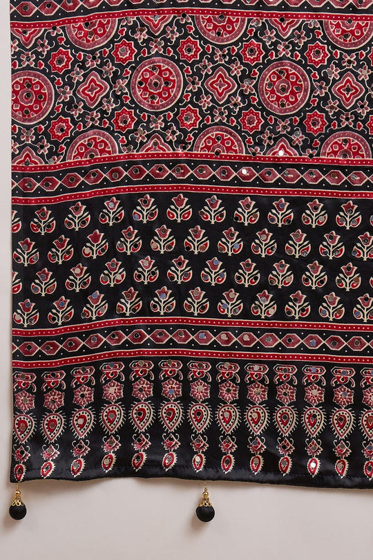Amina Black Modal Ajrakh Printed Mirror Work Sequin Ready to Wear Saree