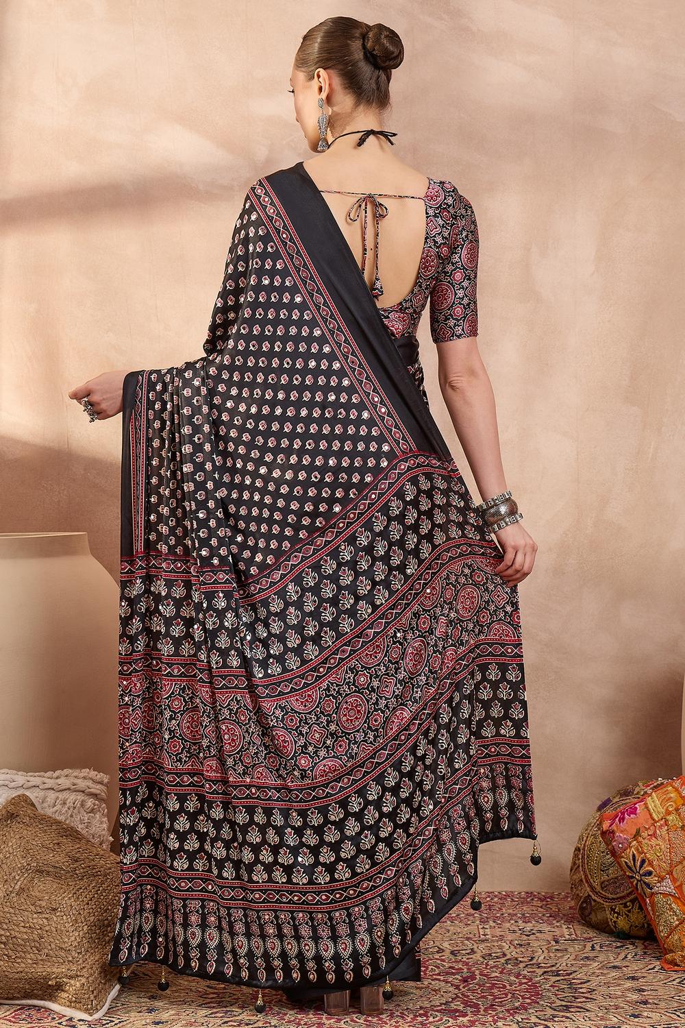 Amina Black Modal Ajrakh Printed Mirror Work Sequin Ready to Wear Saree