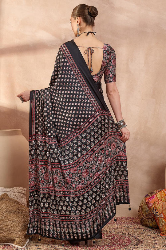 Amina Black Modal Ajrakh Printed Mirror Work Sequin Ready to Wear Saree