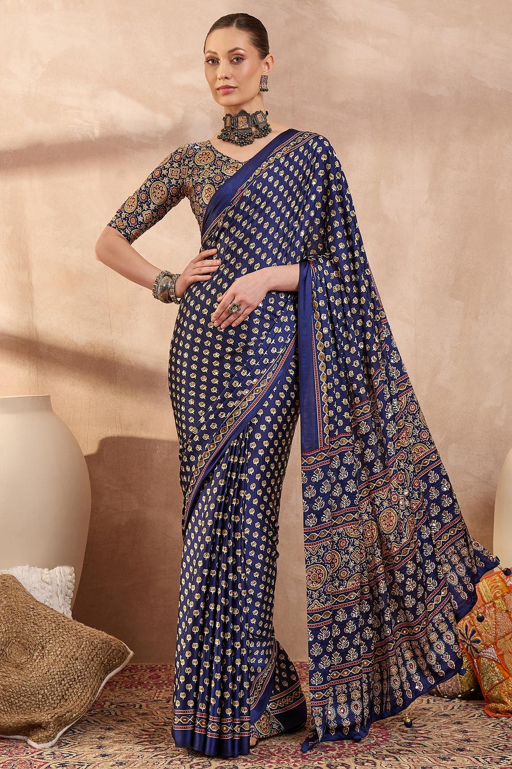 Amina Blue Modal Ajrakh Printed Mirror Work Sequin Ready to Wear Saree