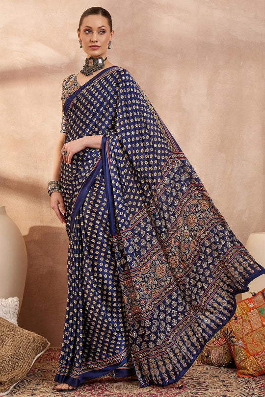 Amina Blue Modal Ajrakh Printed Mirror Work Sequin Ready to Wear Saree