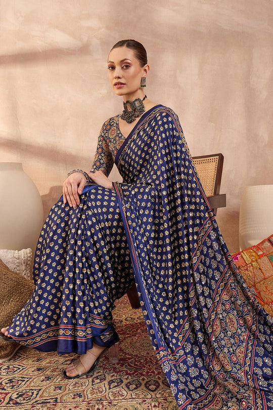 Amina Blue Modal Ajrakh Printed Mirror Work Sequin Ready to Wear Saree