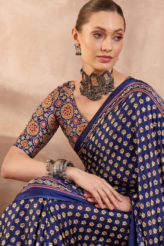 Amina Blue Modal Ajrakh Printed Mirror Work Sequin Ready to Wear Saree