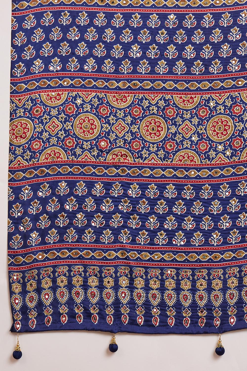 Amina Blue Modal Ajrakh Printed Mirror Work Sequin Ready to Wear Saree