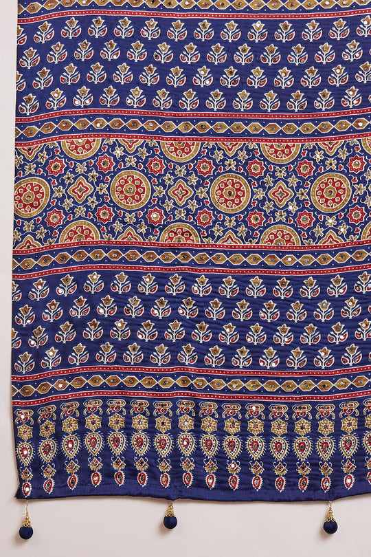 Amina Blue Modal Ajrakh Printed Mirror Work Sequin Ready to Wear Saree