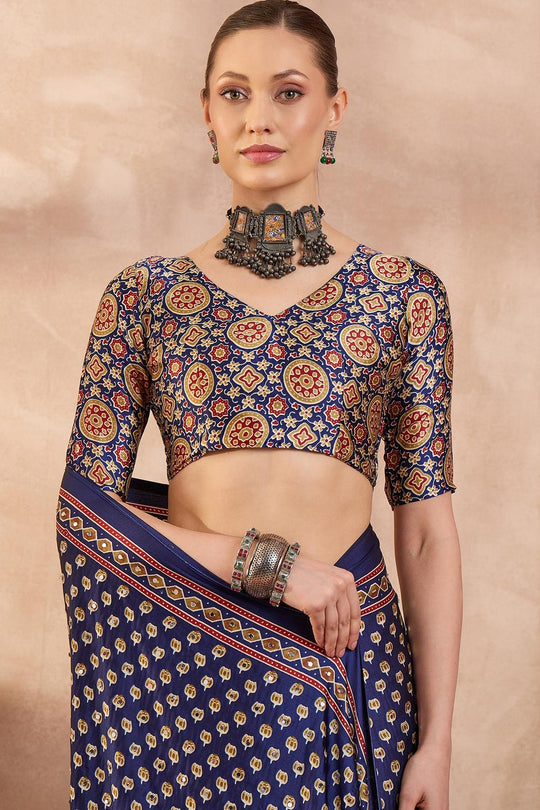Amina Blue Modal Ajrakh Printed Mirror Work Sequin Ready to Wear Saree