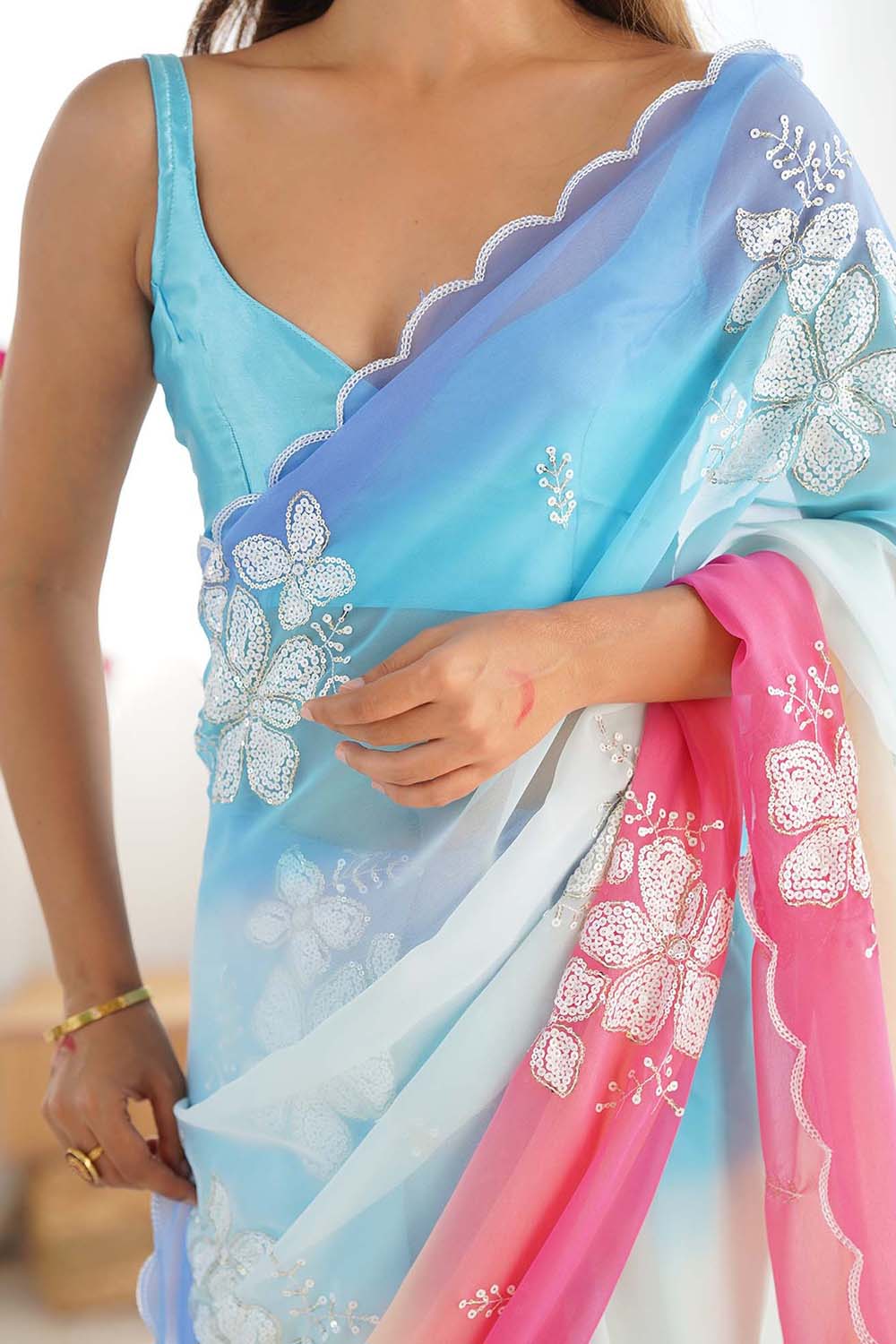 Light Blue Georgette Embellished One Minute Saree - Ready to Wear