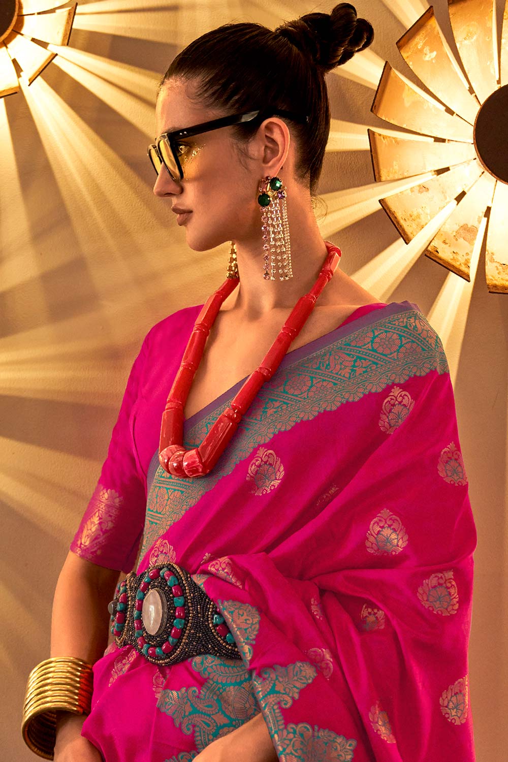 Aline Magenta & Grey Art Silk Lace, Foil-Print One Minute Saree