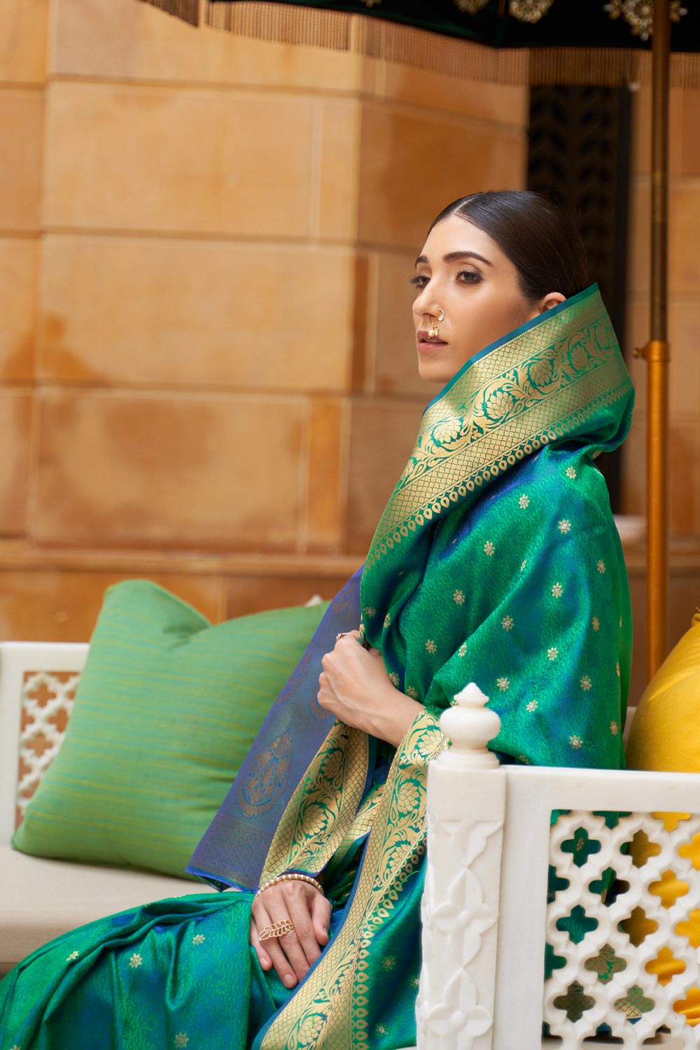 Adina Green Silk Embroidered Lace One Minute Saree