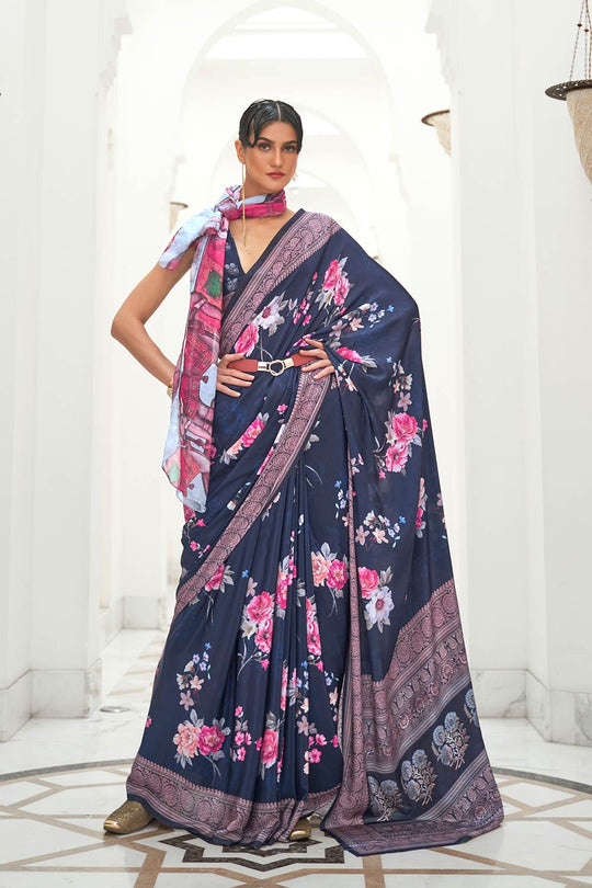 Kari Navy Blue Digital Printed Silk One Minute Saree