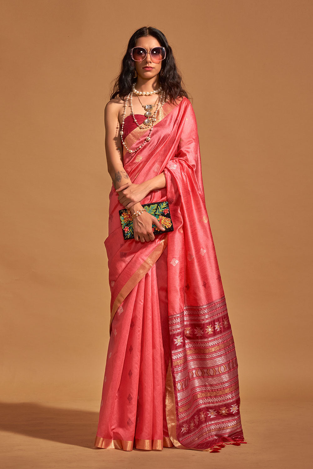 Prisha Pink Kanoi Silk Woven Floral One Minute Saree