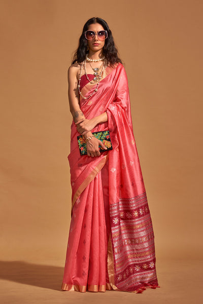 Prisha Pink Kanoi Silk Woven Floral One Minute Saree